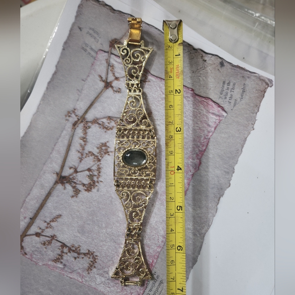 2/$30 Vintage Gold Filigree Panel Bracelet with Gray stone Accent
